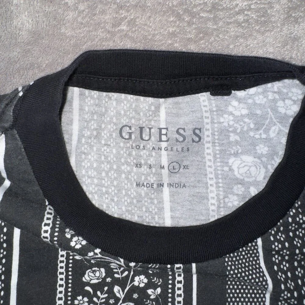 Guess T-Shirt Men's L Black White Floral Vertical Stripe Dark Luxury Urban Retro - Picture 13 of 13